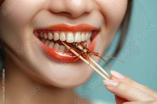 Close-up of woman mouth eating a cricket insect.   © Generative ART