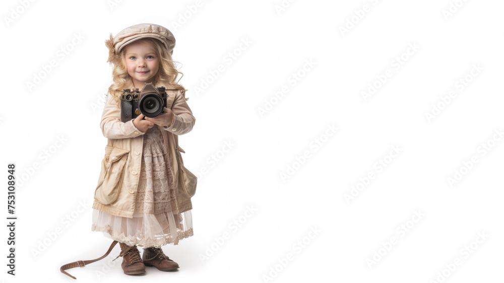 a studio portrait picture of little girl dressed up as a Photographer isolated on white background