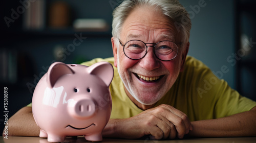 Joyful elderly man holding a pink piggybank, symbolizing financial security and the importance of savings, especially for retirement.