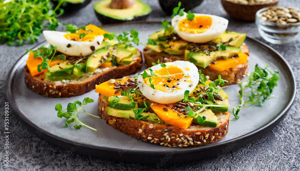 Healthy toasts with avocado, egg, pumpkin and sesame seeds, sprinkled with cress salad. Organic food.