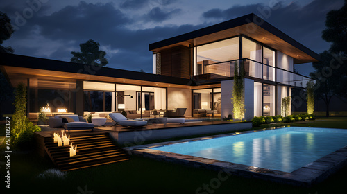 A sleek and contemporary residence at night, featuring outdoor lighting that accentuates the architectural lines, with a well-maintained garden creating an inviting atmosphere