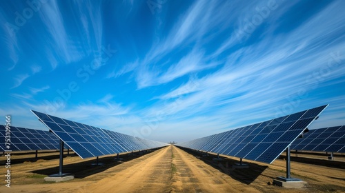 Capture a landscape featuring a solar farm stretching towards the horizon. Frame the shot with a diagonal composition  guiding the viewer s eye along the rows of solar panels.