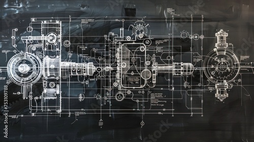 Portrait of schematic diagram a complex engineering machine. generative AI image photo