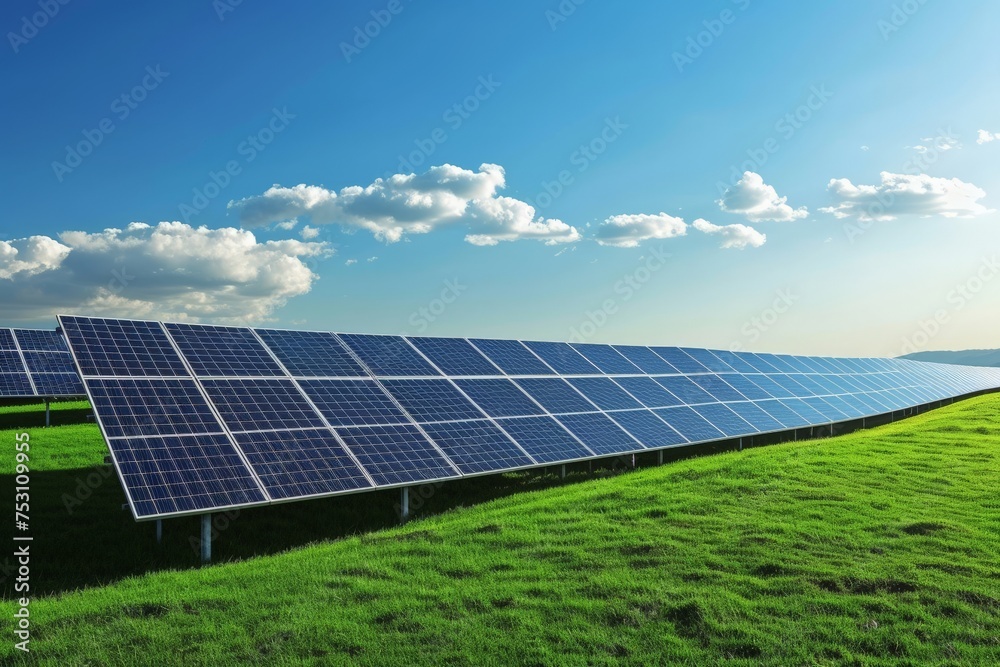 Solar farm on clear blue sky background