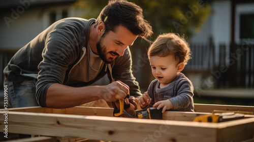 Father is teaching his young son how to use build something from wood. photo