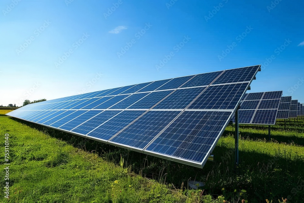 Solar farm on clear blue sky background