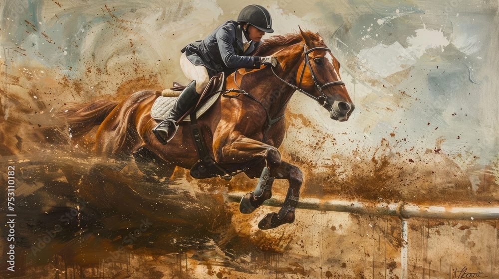 A horse and rider duo in action, with the rider leaning low on the horse's neck, aiming for a peg set at a distance, showcasing the speed and agility required in the sport. - obrazy, fototapety, plakaty 