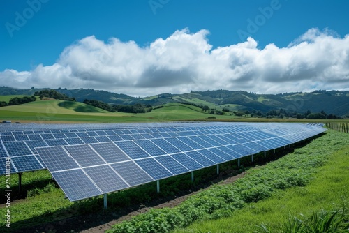 Solar farm on clear blue sky background