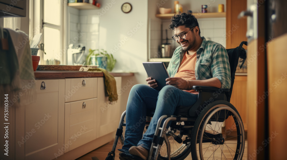 Smiling man in a wheelchair is comfortably using a smartphone