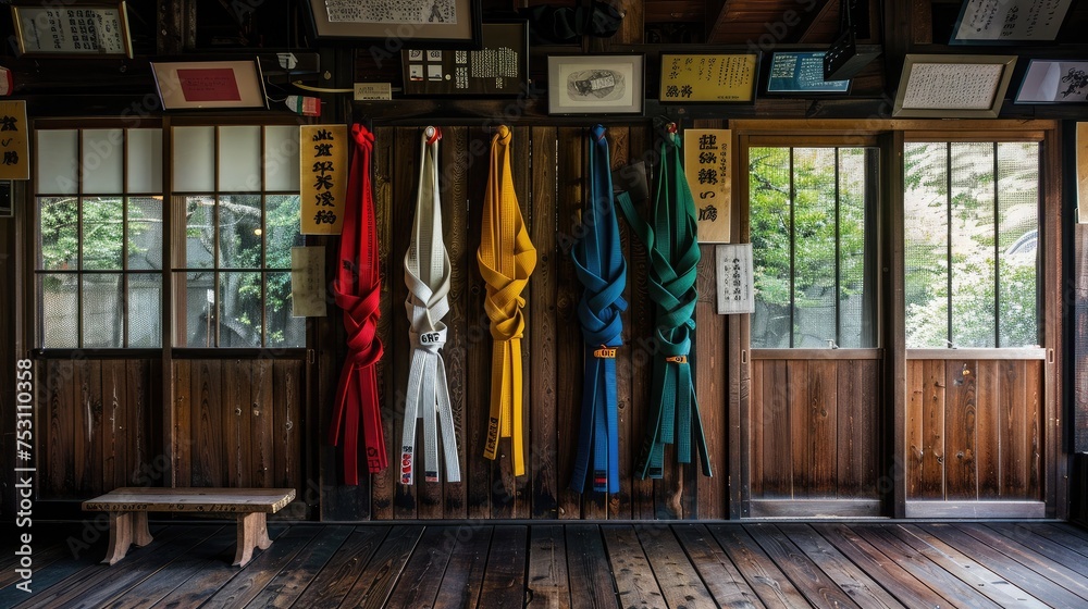 A judo dojo, with judo belts of different colors hanging on the wall, showcasing the tradition and discipline of the sport. A judo dojo, with judo belts of different colors hanging on the wall, showcasing the tradition and discipline of the sport.