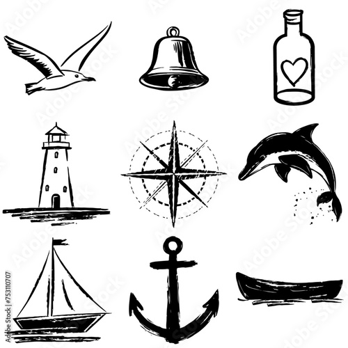 Monochrom Schwarz Seefahrt Symbole: Pinselstrich Vektorgrafik Bundle