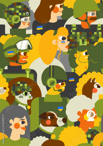 Seamless Ukrainian military pattern. Military personnel, wartime animals and civilians. Modern design in khaki colors with Ukrainian symbols, the unity and indomitability of the Ukrainian people. 