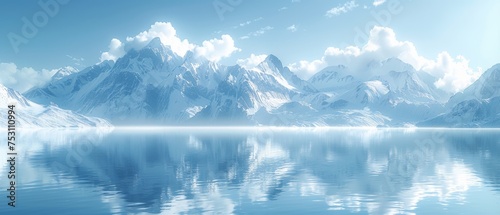Abstract Panoramic Wallpaper Showcasing Northern Futuristic Landscape Calm Waters Simple Geometric Mirror Arches Pastel Blue Gradient Sky Embraced By Minimal Aesthetic Arctic Landscape © Zaleman
