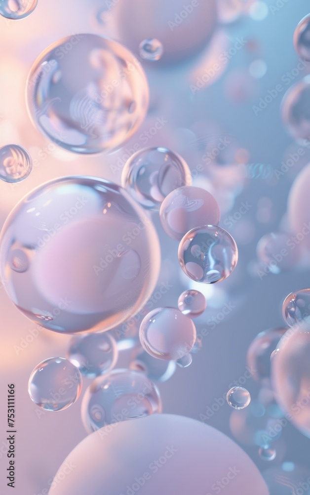Numerous bubbles of various sizes floating in the air against a complex gradient abstract background
