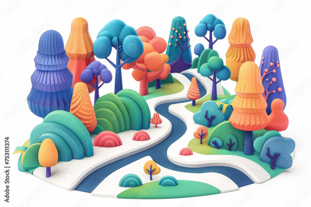 Fototapeta premium Colorful 3D flat enchanted forest trail run