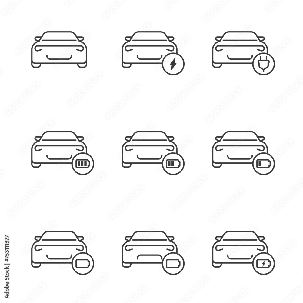 electric car icon, car charging with electricity, linear symbols set