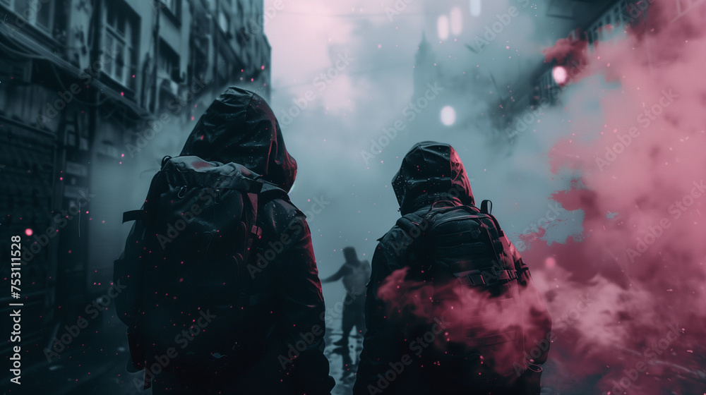 two men in black hoodies and backpacks standing back-to-back in an urban setting with red smoke and pink lighting effects, creating a cinematic mood. two men in black hoodies and backpacks standing back-to-back in an urban setting with red smoke and pink lighting effects, creating a cinematic mood.