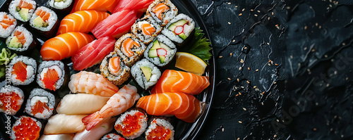 Flavorful sushi platter arranged with artistic precision. Copy space. Top view.