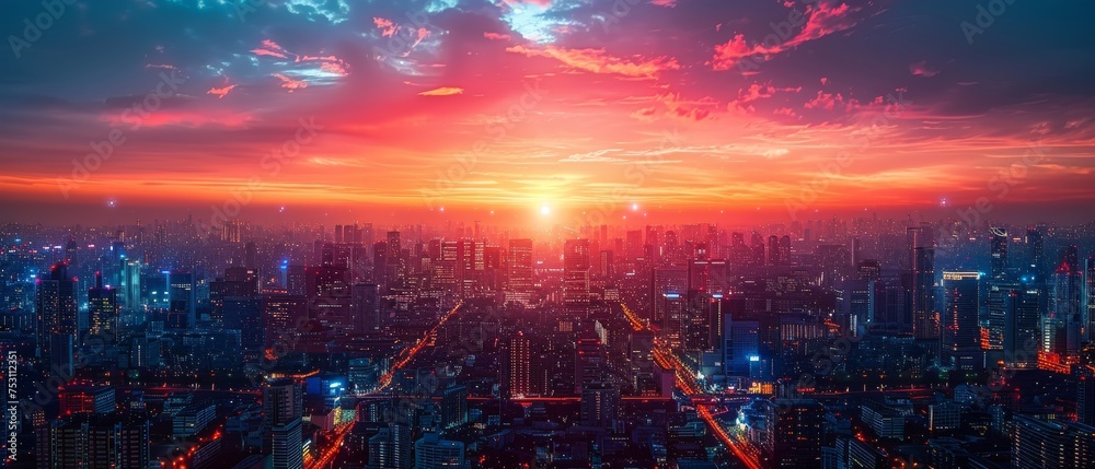 Panorama aerial view of the cityscape skyline with smart services and icons, internet of things, networks, and augmented reality concept, early morning sunrise scene.