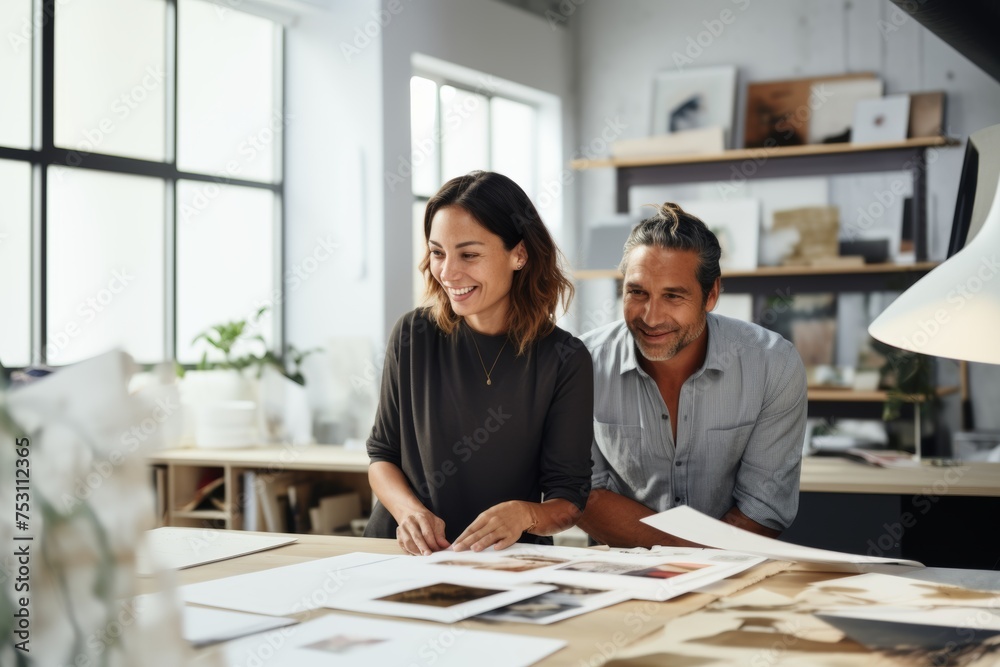 Two creative professionals collaborating over design choices, their expressions thoughtful and engaged, in a bright, modern office Two creative professionals collaborating over design choices, their expressions thoughtful and engaged, in a bright, modern office