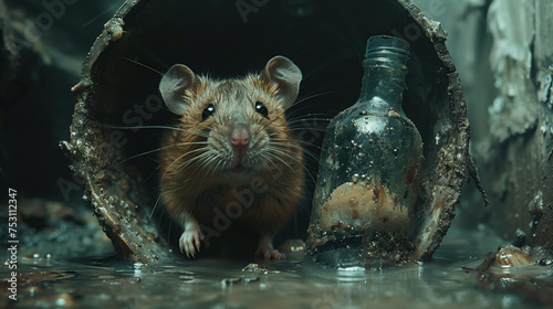 A rat looks out of a sewer pipe next to garbage in a gloomy setting.  Concept of rodents, rats, mice in the city