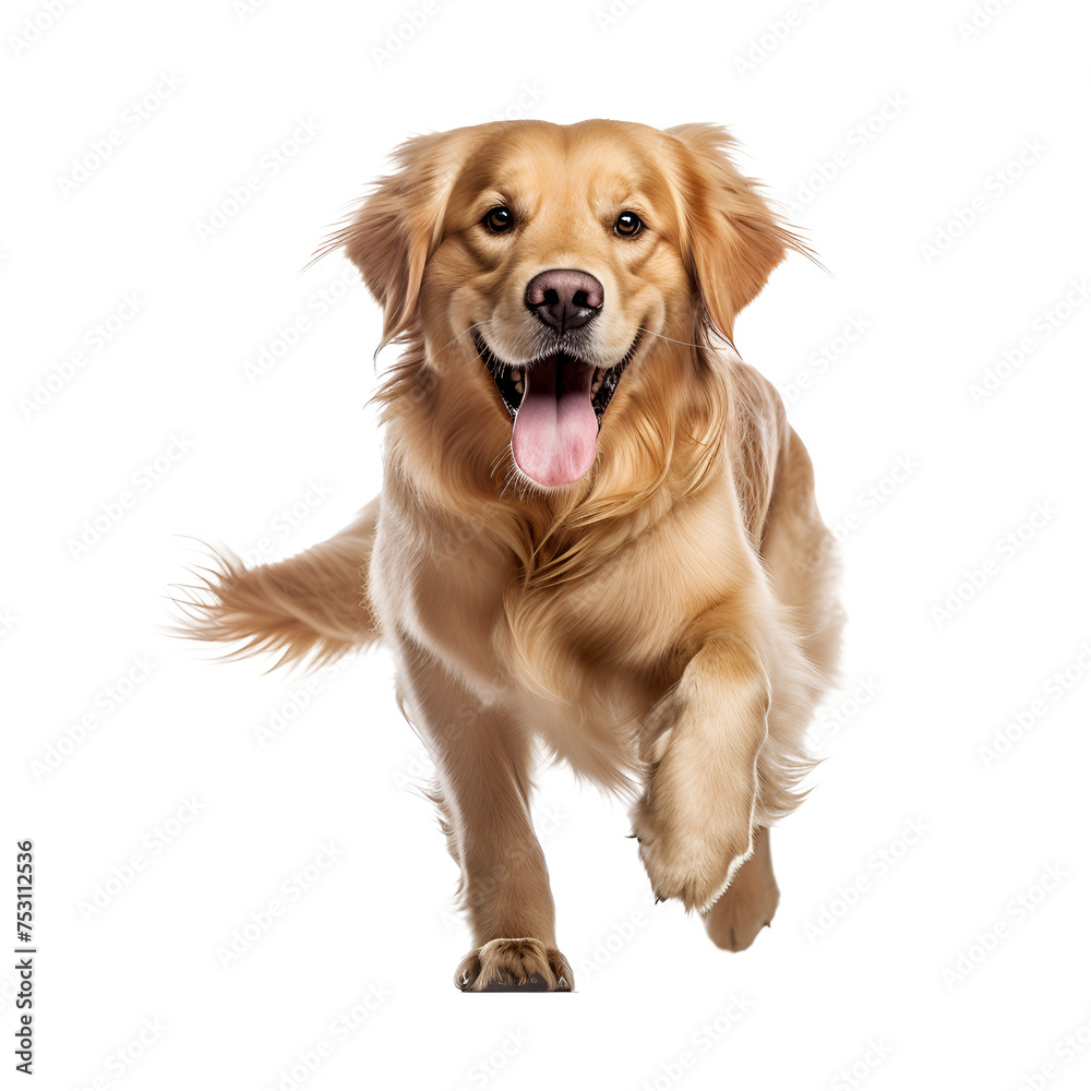 Running and playing golden retriever dog, full body photo, looks happy, Isolated on Transparent Background, PNG Running and playing golden retriever dog, full body photo, looks happy, Isolated on Transparent Background, PNG