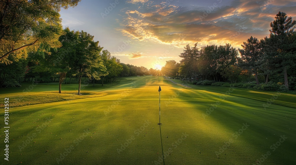A serene golf course at sunset, with lush green fairways and a golfer teeing off into the distance. A serene golf course at sunset, with lush green fairways and a golfer teeing off into the distance.