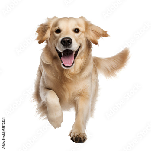 A golden retriever dog in a full body photo, happy while running and playing, Isolated on Transparent Background, PNG