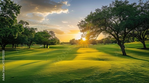 A serene golf course at sunset, with lush green fairways and a golfer teeing off into the distance.