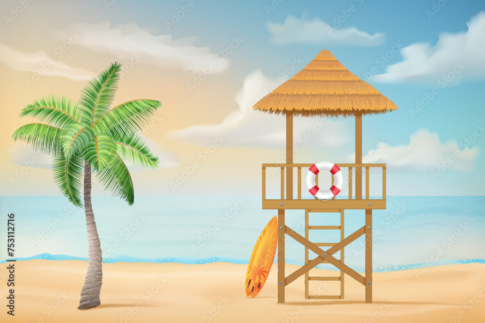 Fototapeta premium seascape with sand beach sea waves sky and clouds vector illustration