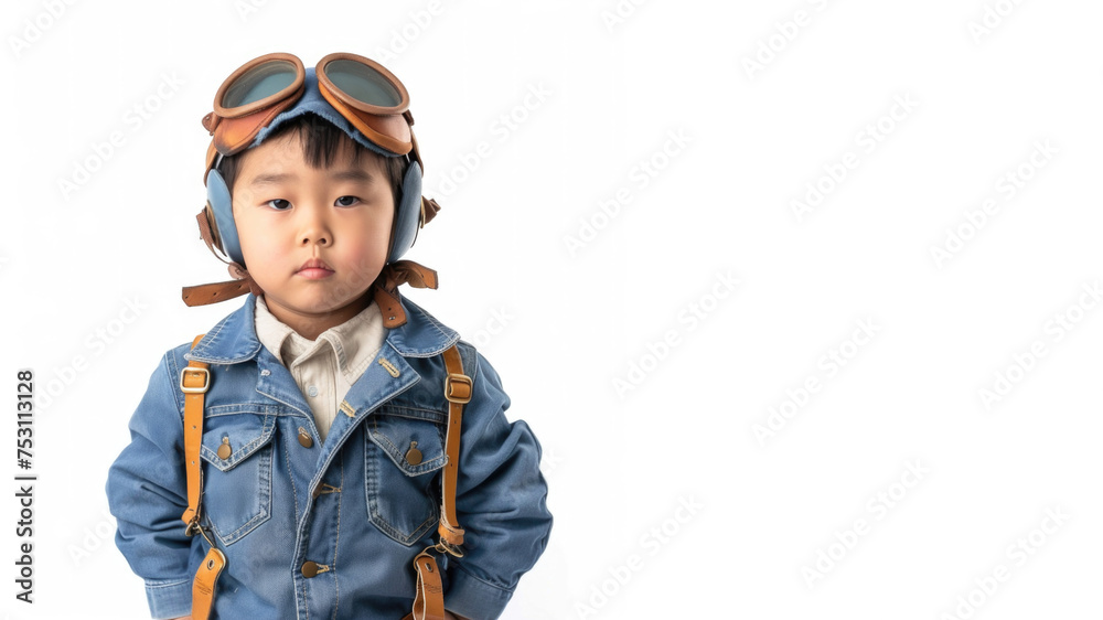 pilot little asian boy on white background, aviator, airman