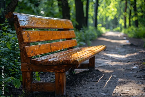 Golden sunlight reflects off a lone, wet wooden bench in a serene, dense forest setting photo
