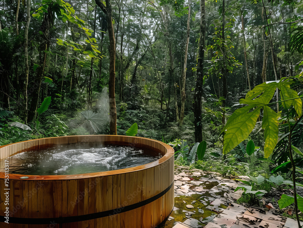 Large wooden jacuzzi in  the forest,