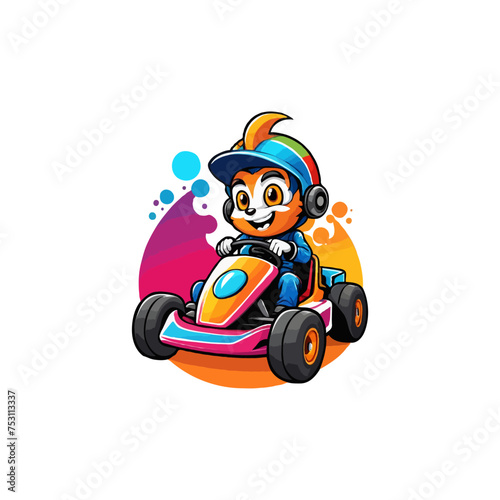Karting Vector Mascot logo design template. Go Kart racing illustration in colorful design, good for event logo, t shirt design and racing team logo. cartoon fun racing logo illustration