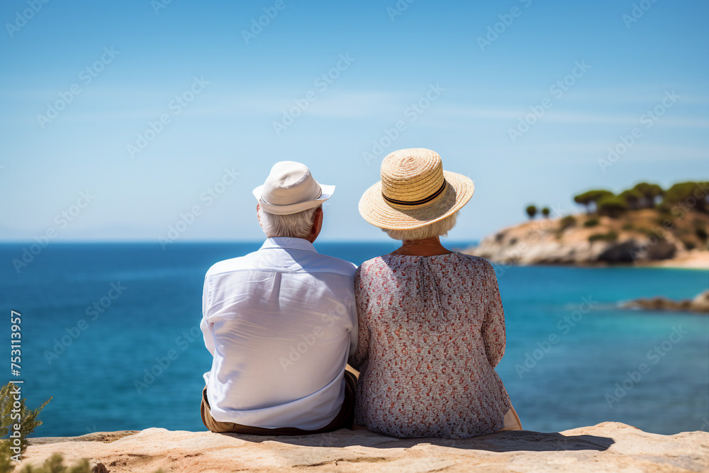 Generative AI portrait of happy beautiful mature people enjoying summer sea vacation walking seaside