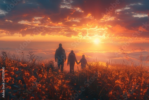A family is holding hands while standing in a sea of clouds under the golden sunset sky