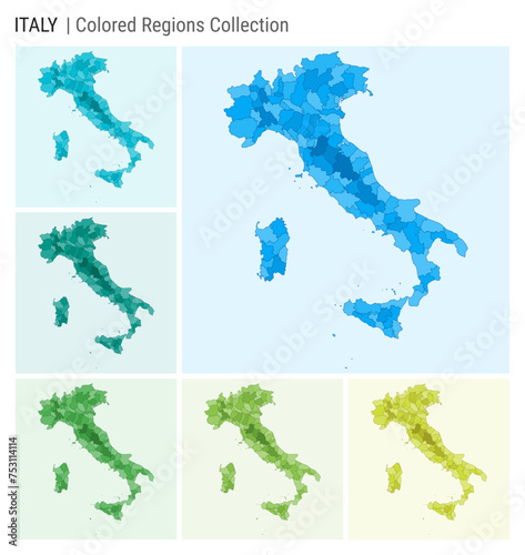 Italy map collection. Country shape with colored regions. Light Blue, Cyan, Teal, Green, Light Green, Lime color palettes. Border of Italy with provinces for your infographic. Vector illustration.