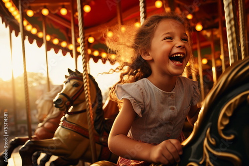 AI generated photo of happy young child riding on a colorful carousel amusement park © Tetiana