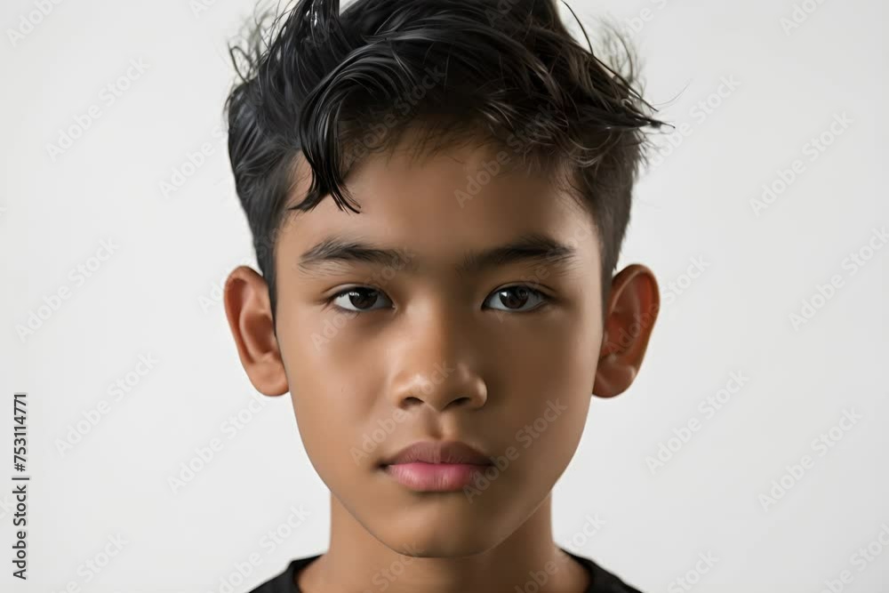 A straightforward portrait of a young boy with wet dark hair looking directly at the camera with a calm expression, against a white background.
