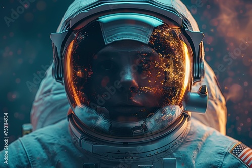 A close-up capture of an astronaut's helmet with the universe reflected, no visible face due to blurring
