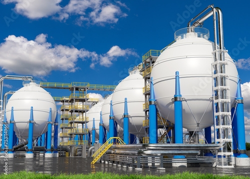 Chemical factory. Manufactory producing petrochemical products. Exterior of chemical factory. Spherical high pressure tanks. Innovative chemical processing factory. BPVC, ASME. 3d image