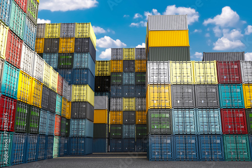 Containers with imported goods. Freight harbor area. Container yard in sunny weather. Tare for transporting goods across ocean. Container yard with tall stacks. Export warehouse. 3d image