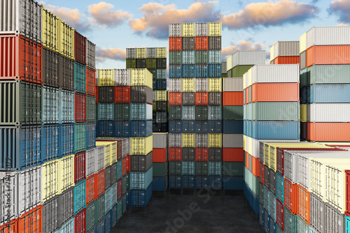 Commercial dock with containers. Multi-colored tare for sea export. Logistics dock with sea containers. Warehouse in seaport. Metal containers are stored in stacks. Transportation, delivery. 3d image