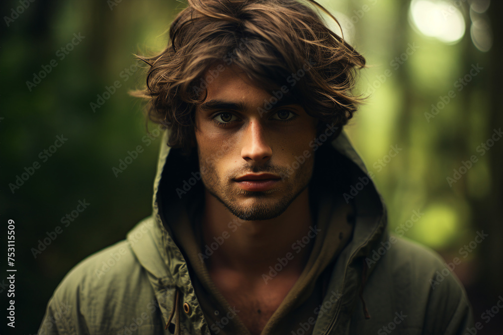 Generated with AI technology image of a young nice man traveler walking in green forest Generated with AI technology image of a young nice man traveler walking in green forest
