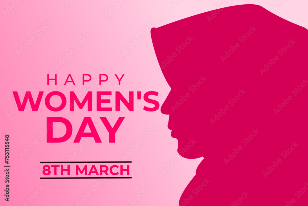 Happy Womens Day. International Woman Day 8TH March. Muslim Girl in Hijab. International women Day. Pink silhouette of a Muslim young Girl. Banner poster, Greeting Card, For social media posts.