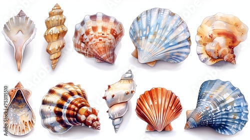 Clipart, sea shells, watercolor images on a white background