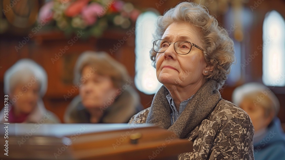 a family, a dejected elderly woman, and a casket at a chapel for a funeral and burial - obrazy, fototapety, plakaty 