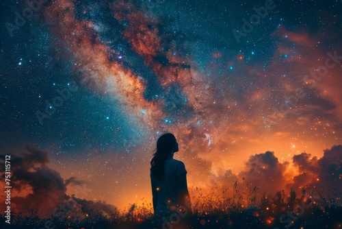 A contemplative woman's silhouette is set against a twilight sky filled with stars and cosmic colors