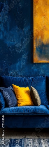 Textured Wallpaper Interior with Navy Blue Sofa and Amber Pillows Generative AI © AlexandraRooss