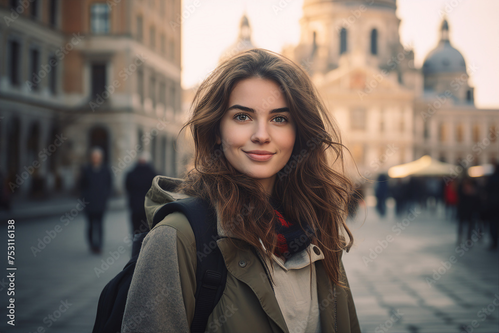 Fototapeta premium Generated with AI photo of woman in a stylish clothes against a city backdrop